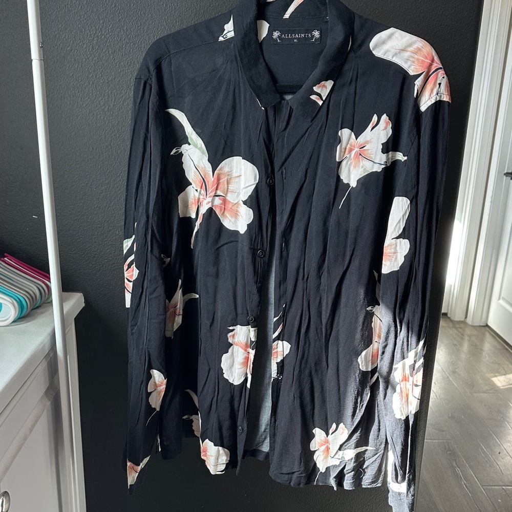 All Saints Black and Pink Floral Shirt Jacket